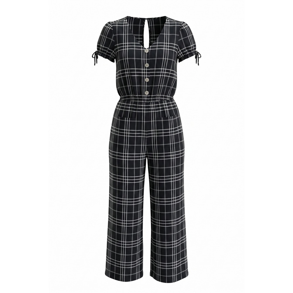 Indigo Style Womens Black White Plaid Wide Leg Jumpsuit Short Puff Sleeve Small